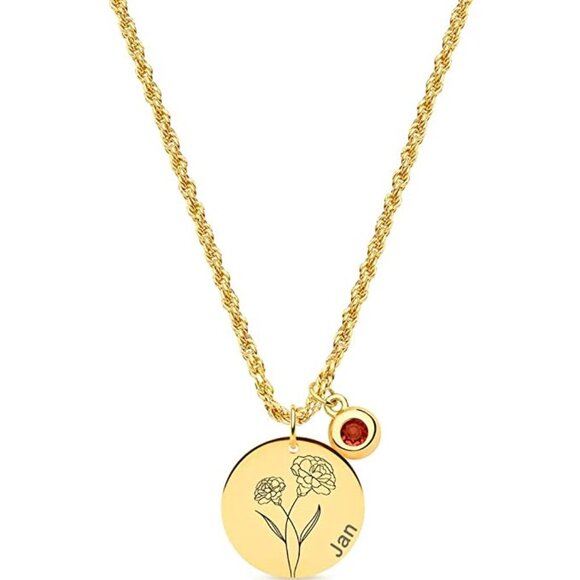 Boutique Accessories - 18k Gold Engraved Custom Floral Pendant Necklaces Dainty Birth Month Flower Disc